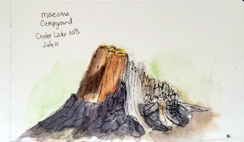 Plein air painting of a tree stump at crater lake
